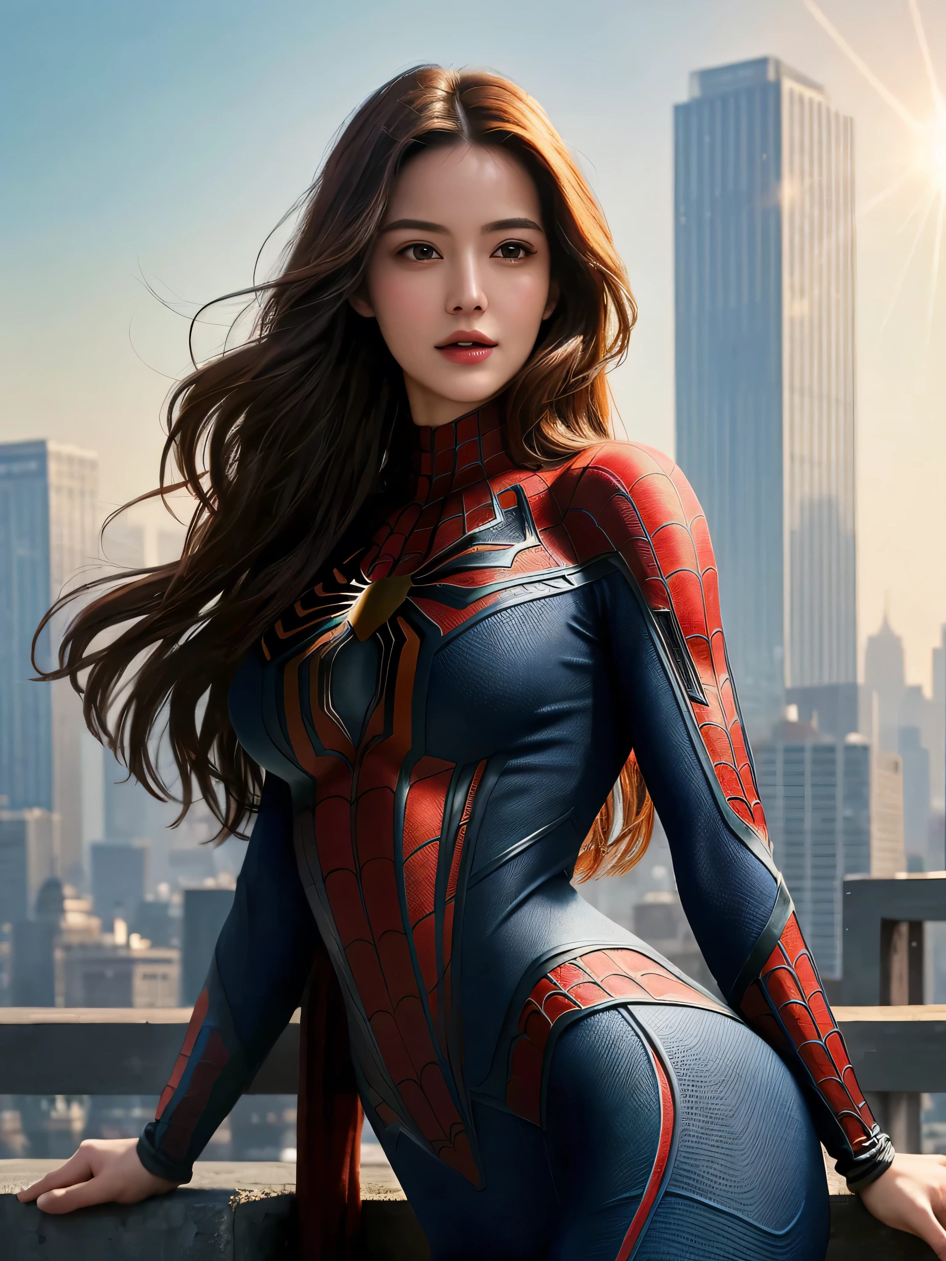 ((best quality)), ((masterpiece)), (detailed), woman 40 years old, She wears Spider-Man suit, ((Very detailed eyes and face)))), super beautiful body, she is giant and taller than the skyscrapers on both Her sides, the sun is at sunrise