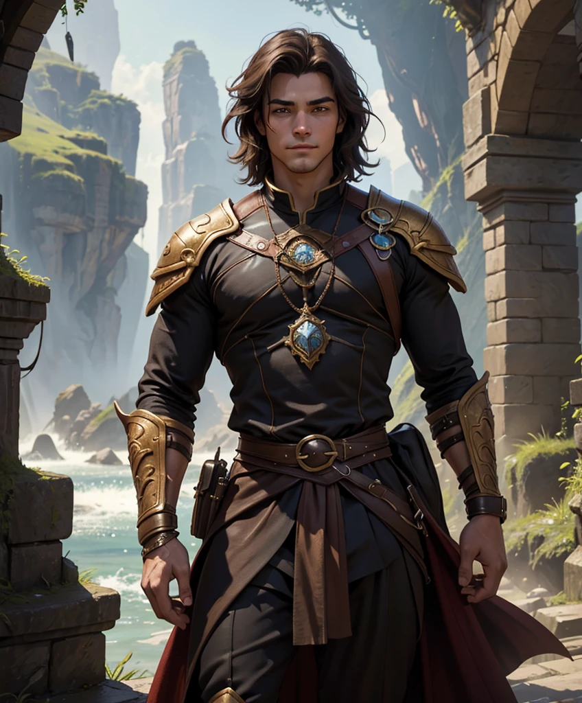 (((Luxurious shoulder length dark hair and sexy smirk.))) (((18 years old.))) (((18yo.))) (((Cute smirk.))) (((Single character image.))) (((1boy))) (((Looks like beefcake male fantasy character.))) Create an enchanting AI-generated image of a charismatic and irresistibly attractive man in a high fantasy realm. He should exude rugged, dashing charm that captures the attention of every onlooker, particularly the adoring gazes of countless women. This character must embody thrilling and exciting qualities, but his arrogance should be evident in his posture and expression.  Fantasy art.  Fantasy character.  He is expressive and has a lot of personality.  Has the body of a male model and a perfect male physique.


 dungeons & dragons, fantasy adventurer, fantasy NPC, attractive male in his mid 20's, ultra detailed, epic masterpiece, ultra detailed, intricate details, digital art, unreal engine, 8k, ultra HD, centered image award winning, fantasy art concept, digital art, centered image, flirting with viewer, best quality:1.0,hyperealistic:1.0,photorealistic:1.0,madly detailed CG unity 8k wallpaper:1.0,masterpiece:1.3,madly detailed photo:1.2, hyper-realistic lifelike texture:1.4, picture-perfect:1.0,8k, HQ,best quality:1.0,

 best quality:1.0,hyperealistic:1.0,photorealistic:1.0,madly detailed CG unity 8k wallpaper:1.0,masterpiece:1.3,madly detailed photo:1.2, hyper-realistic lifelike texture:1.4, picture-perfect:1.0,8k, HQ,best quality:1.0,


