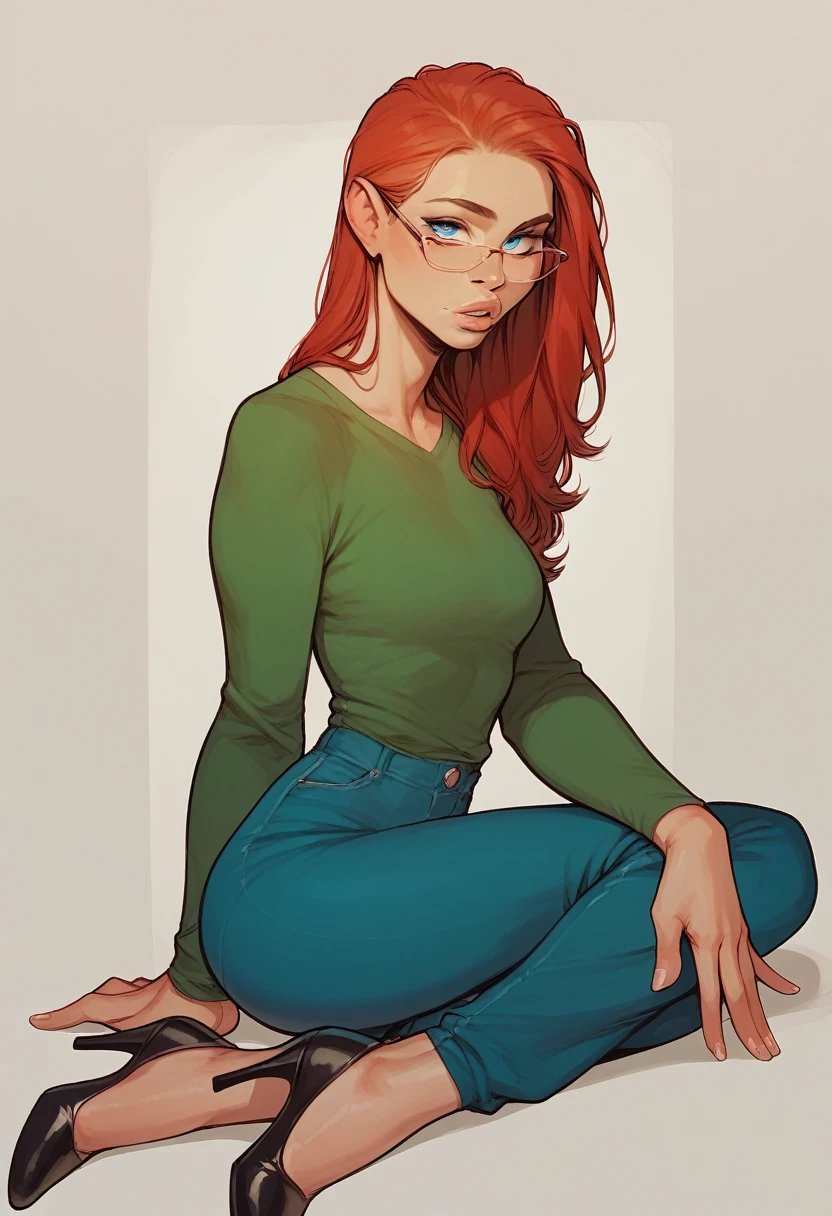 score_9, score_8_up, score_7_up, score_6_up, art of a woman, pale, smooth skin, blue eyes, long straight red hair, full lips, slender physique, green t-shirt, glasses, blue pants, black heels
