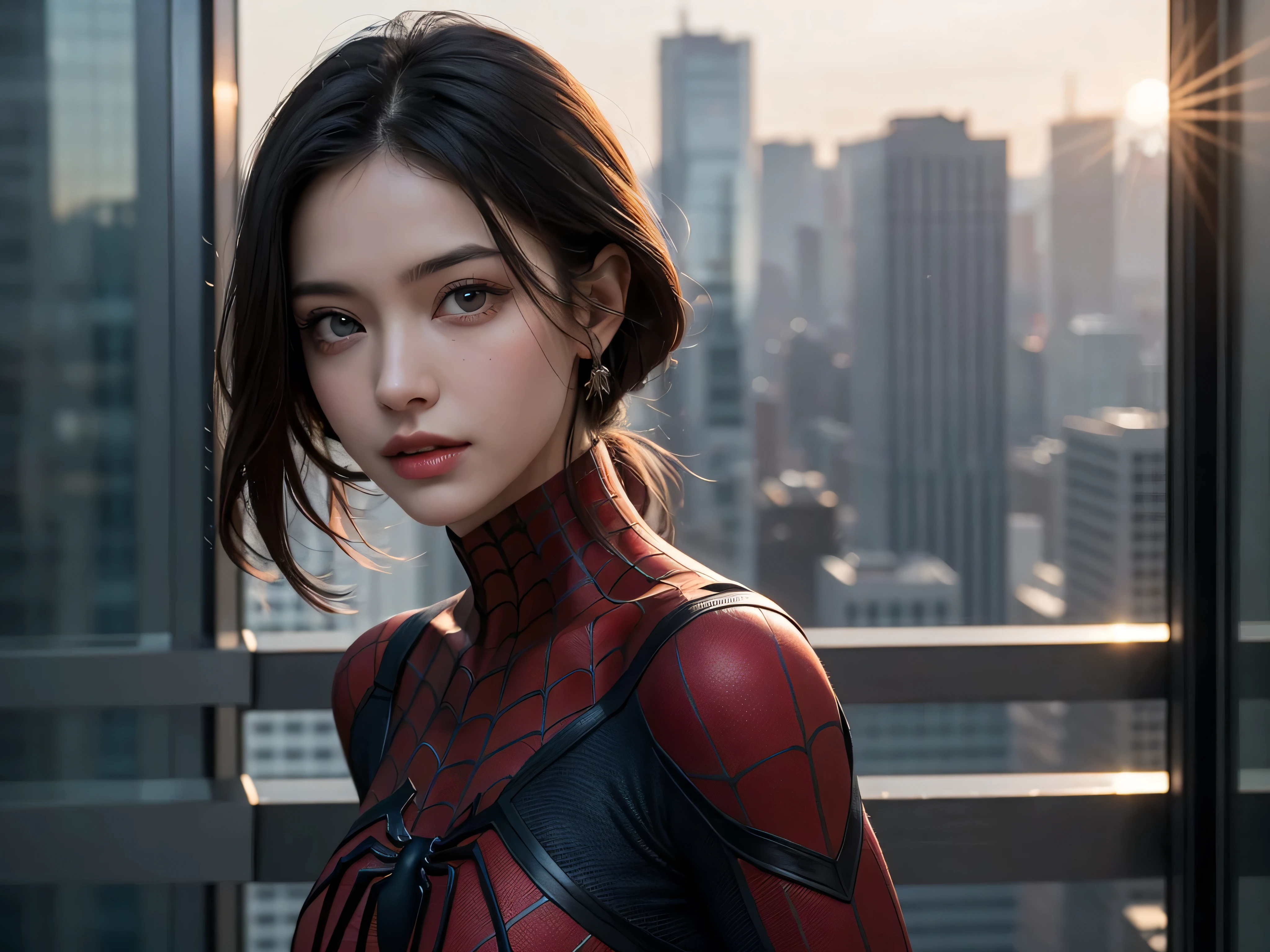 ((best quality)), ((masterpiece)), (detailed), woman 40 years old, She wears Spider-Man suit, ((Very detailed eyes and face)))), super beautiful body, she is giant and taller than the skyscrapers on both Her sides, the sun is at sunrise