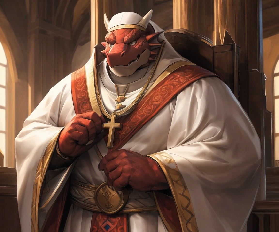 human nature, cannon, male, solitary, ((powerful，Handsome)), (dragon),((Traditional Catholic Pope Clothing，西方dragondragon角))， permanent，((Traditional Catholic style))，Hand in hand cross，high quality, (4K,high quality, high resolution, masterpiece), Front view (close up), cartoon,author：lindong