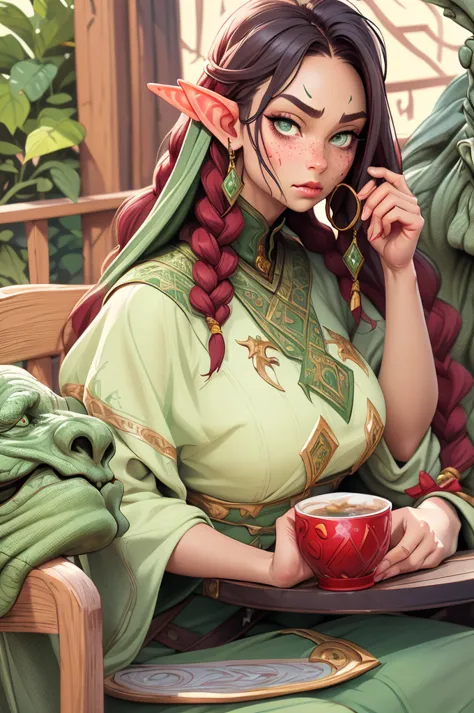 Orc, long hair in red braids, very green eyes, freckles, thin lips, round face, medium breasts, wide hips, wearing black elf war...