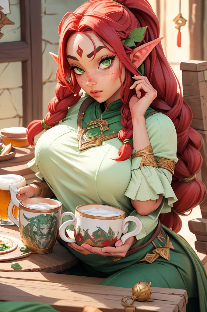 Orc, long hair in red braids, very green eyes, freckles, thin lips, round face, medium breasts, wide hips, wearing black elf warrior clothes, imposing and distinguished, beautiful and arrogant female elf, serious and superior elf, sitting at a table in a tavern drinking a mug of beer and being admired by several adventurers