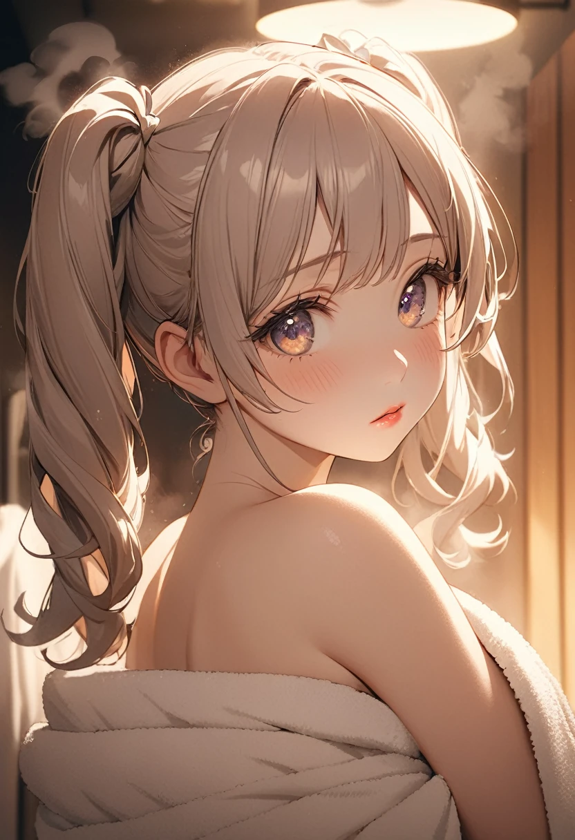 1girl, extremely cute girl, soft and fluffy twin tails, after bath, changing room, steam, wrapped in towel, shy, beautiful detailed eyes, beautiful detailed lips, extremely detailed face, long eyelashes, delicate facial features, serene expression, soft lighting, warm color tones, photographic, 16k, high resolution, detailed description, cinematic, masterpiece