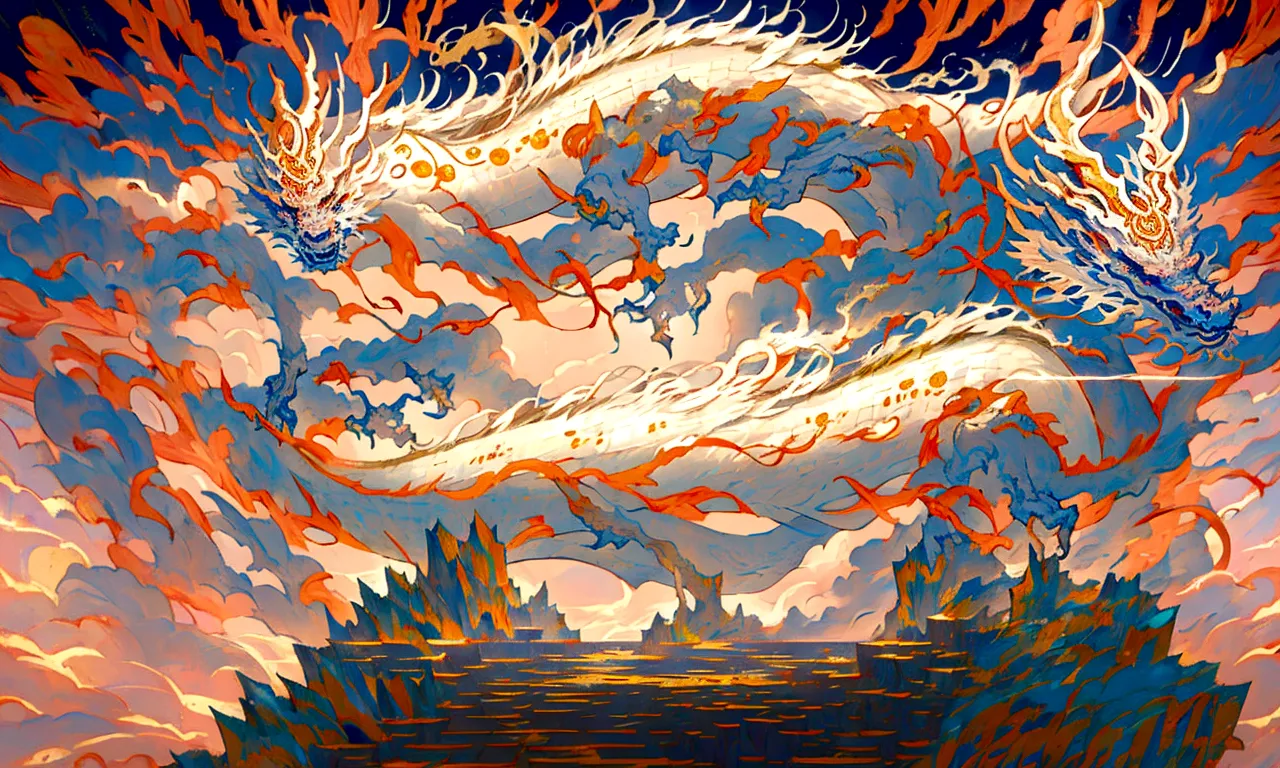 great dragon god, gentle gaze, fantastic background, moonlight background, sea of ​​clouds background, golden splashes, mysterio...