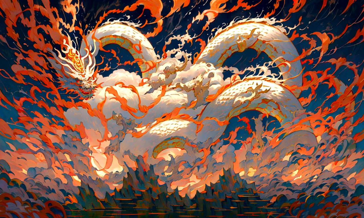 great dragon god, gentle gaze, fantastic background, moonlight background, sea of ​​clouds background, golden splashes, mysterious, divine light, mythical creature, traditional Chinese dragon, myth, speckled light, hazy haze, mysterious aura, masterpiece, fantastic, elegant dragon, good fortune, fantasy art