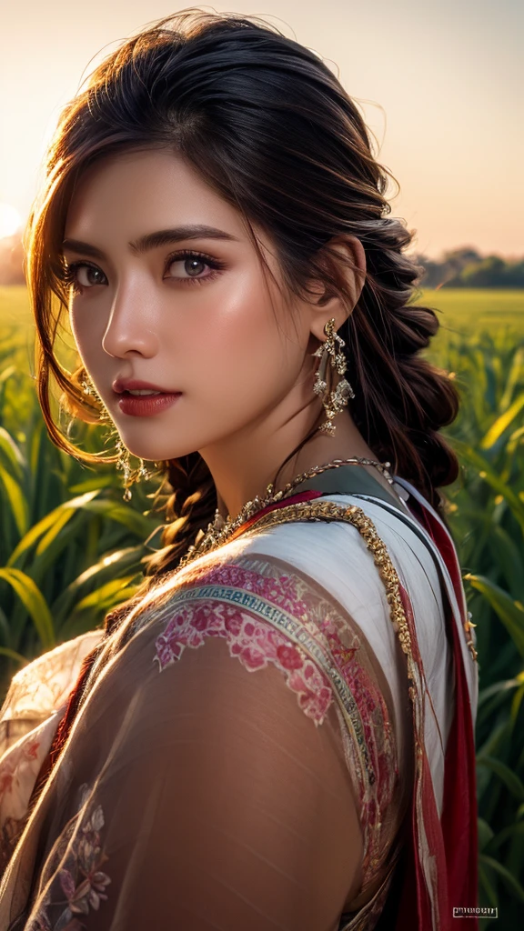 ((majestic:1.5)), ((hyper realistic:1.5)), uhd:1.3, RAw photo, intricately detailed, beautiful sunrise over rice fields in India, Indian farmers harvesting rice, beautiful detailed eyes, beautiful detailed lips, extremely detailed eyes and face, long eyelashes, traditional Indian clothing, serene rural landscape, golden hour lighting, warm color tones, soft focus, photorealistic, 8k, high resolution, masterpiece, ultra-detailed, professional photography, vibrant colors, natural lighting, cinematic composition