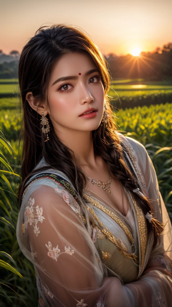 ((majestic:1.5)), ((hyper realistic:1.5)), uhd:1.3, RAw photo, intricately detailed, beautiful sunrise over rice fields in India, Indian farmers harvesting rice, beautiful detailed eyes, beautiful detailed lips, extremely detailed eyes and face, long eyelashes, traditional Indian clothing, serene rural landscape, golden hour lighting, warm color tones, soft focus, photorealistic, 8k, high resolution, masterpiece, ultra-detailed, professional photography, vibrant colors, natural lighting, cinematic composition