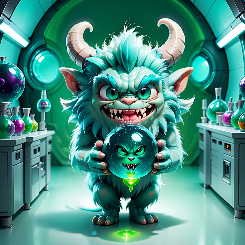 Full body view of a small spherical male monster with light teal fur, long ears, sharp teeth, smiling, holding a green potion in his hand, lies in a futuristic laboratory
