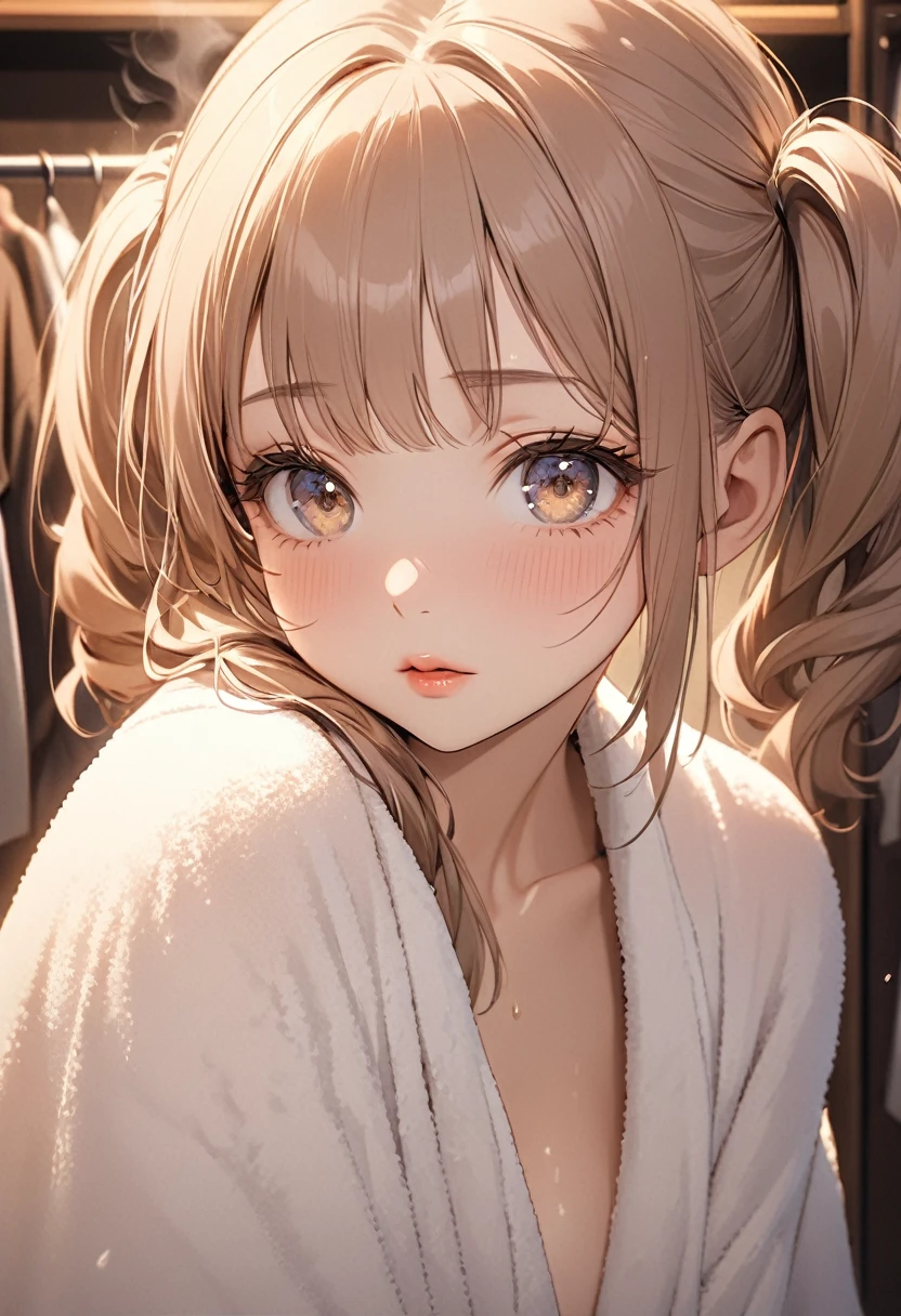 1girl, extremely cute girl, soft and fluffy twin tails, after bath, changing room, steam, wrapped in thin towel, middle breasts, shy, beautiful detailed eyes, beautiful detailed lips, extremely detailed face, long eyelashes, delicate facial features, serene expression, soft lighting, warm color tones, photographic, 16k, high resolution, detailed description, cinematic, masterpiece