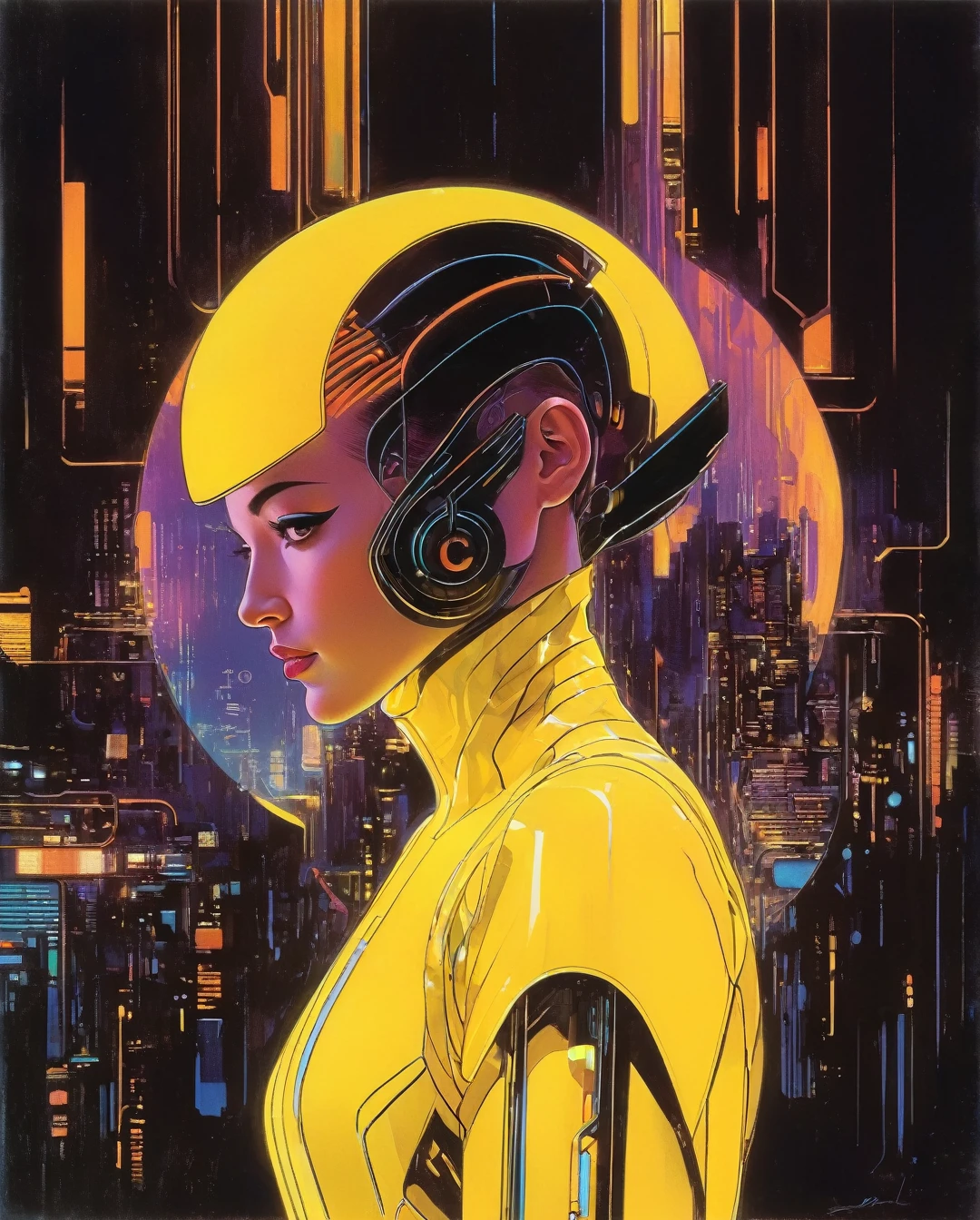 In a neon-lit cyberpunk space setting, a figure emerges clad in a sleek yellow jumpsuit, designed with a distinct art style reminiscent of Yoshiaki Kawajiri. The scene is portrayed in a vivid and elaborate digital painting, showcasing sharp edges and dynamic colors. The jumpsuit gleams with metallic sheen, accentuating the mysterious allure of the character. Every detail, from the sleek contours to the intricate patterns, contributes to the image's captivating and high-quality execution, drawing viewers into a futuristic world of intrigue and sophistication., (head and shoulders portrait:1.2), anthropomorphic (cyberpunk:1.3) cyclops , glowing eyes, powered cyberpunk costume (outline sketch style:1.5), gritty fantasy, (art by Syd Mead:1.8), dark muted background, muted colors, detailed, 8k...... (best quality,4k,8k,highres,masterpiece:1.2),ultra-detailed,(realistic,photorealistic,photo-realistic:1.37),alternative reality,telepathic,psychic powers,mind reading,third eye,mind bending,intense gazing,parallel universe,Yoshitaka Amano style,dreamlike,fantasy,vivid colors,soft lighting