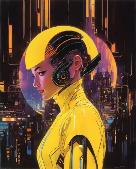 In a neon-lit cyberpunk space setting, a figure emerges clad in a sleek yellow jumpsuit, designed with a distinct art style remi...