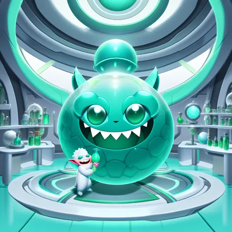 full body view of a small spherical male monster with light teal fur, long ears, sharp teeth, smiling, holding a green potion in...