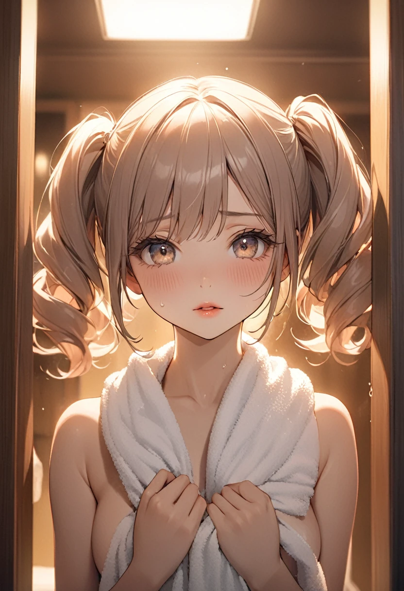 1girl, extremely cute girl, soft and fluffy twin tails, after bath, changing room, steam, wrapped in thin towel, middle breasts, shy, beautiful detailed eyes, beautiful detailed lips, extremely detailed face, long eyelashes, delicate facial features, serene expression, soft lighting, warm color tones, photographic, 16k, high resolution, detailed description, cinematic, masterpiece