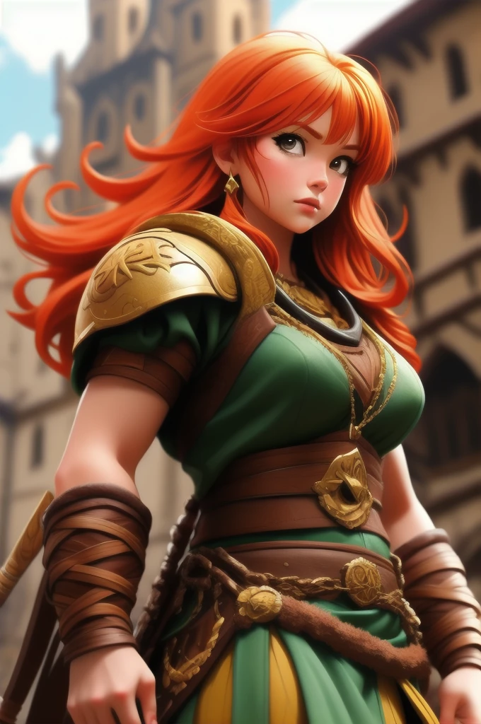 anime, detailed, depth of field, sunny, ginger hair, barbarian female, medieval time, looking up, careful, serious look, front view, medieval city background