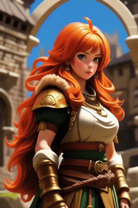 anime, detailed, depth of field, sunny, ginger hair, barbarian female, medieval time, looking up, careful, serious look, front v...