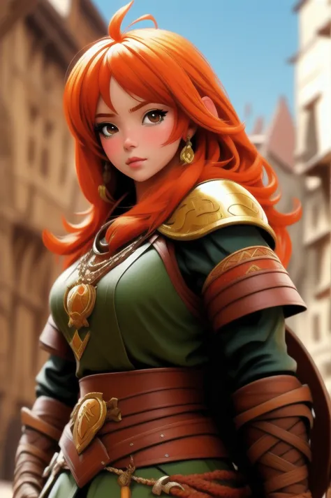 anime, detailed, depth of field, sunny, ginger hair, barbarian female, medieval time, looking up, careful, serious look, front v...