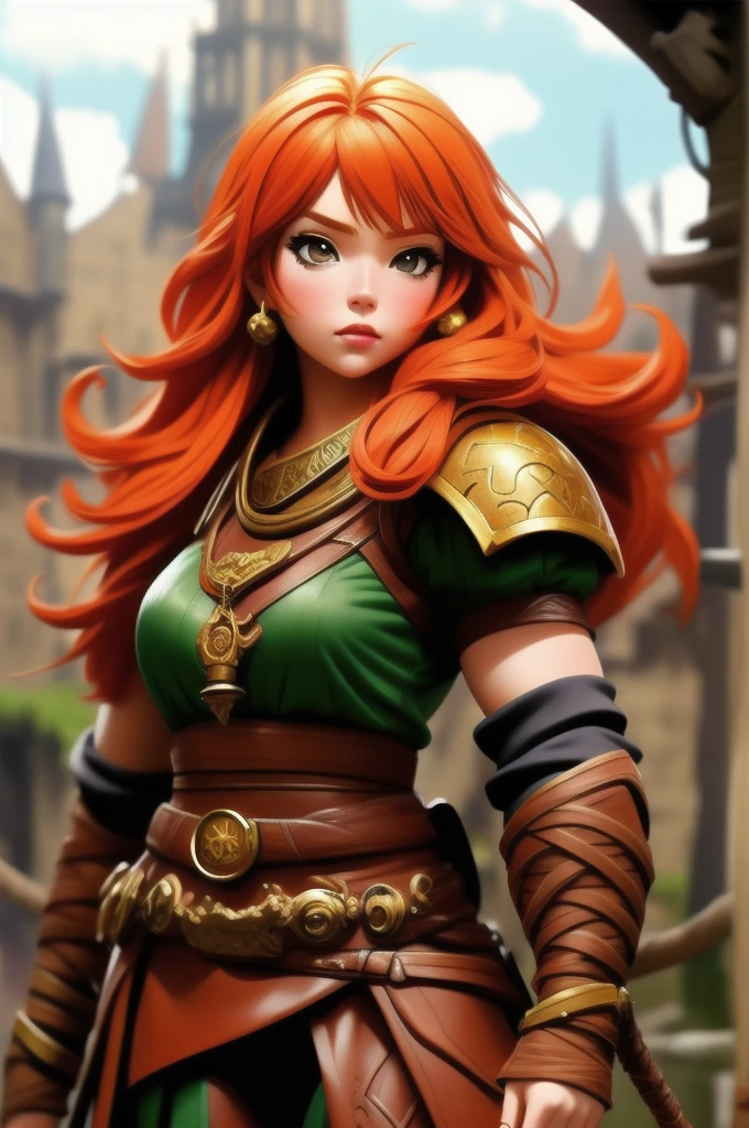 anime, detailed, depth of field, sunny, ginger hair, barbarian female, medieval time, looking up, careful, serious look, front view, medieval city background