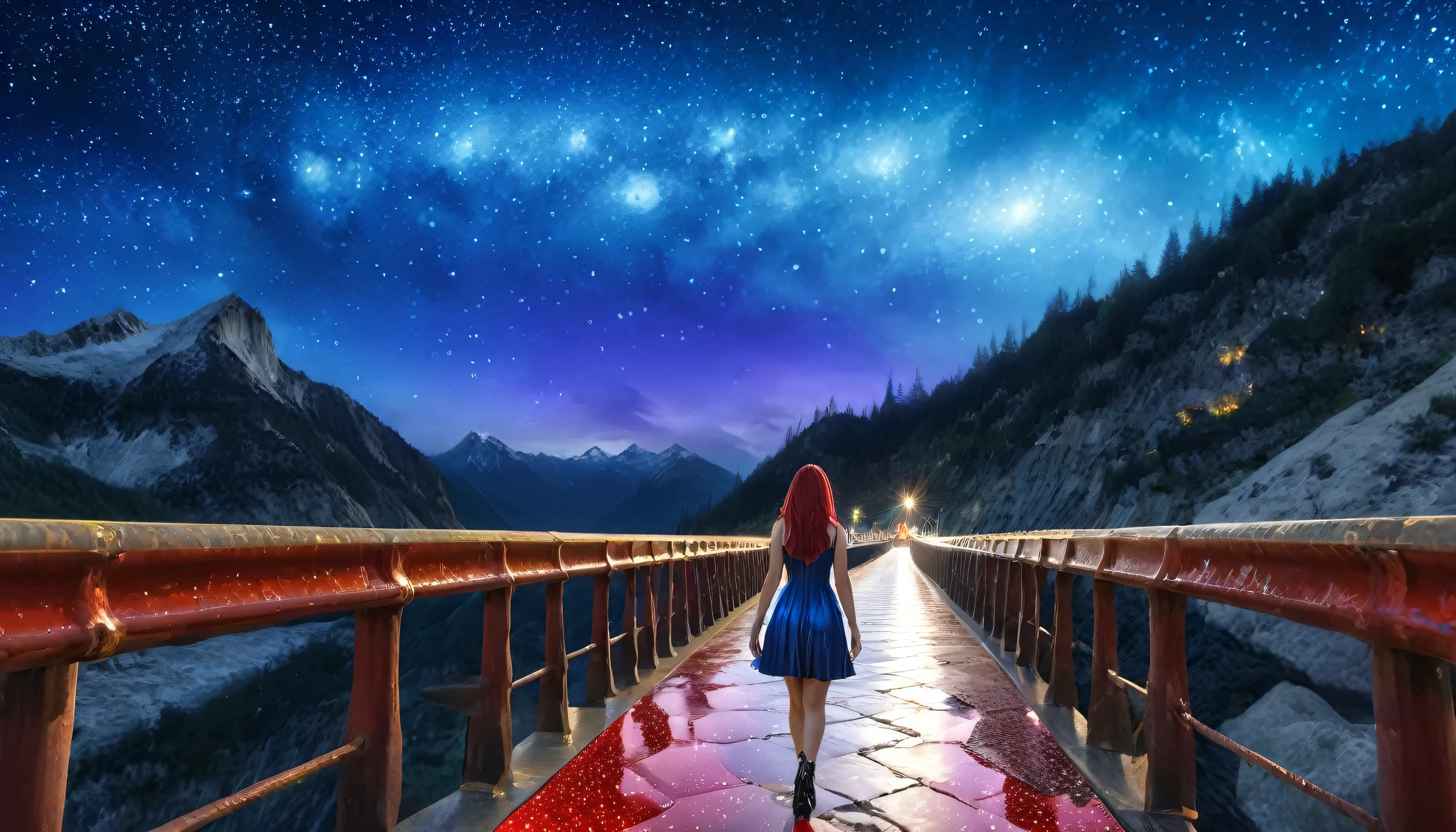 hdr, best image, 8k, photo 3;1, of A beautiful woman, blue latex dress, below the knee, long purple hair, 'black shoes', standing in 1; narrow bridge, white ivory with GOLD, red tile floor, high, over the mountains, descending to the infinity of the universe, stars of the cosmos, universe, giant mountain