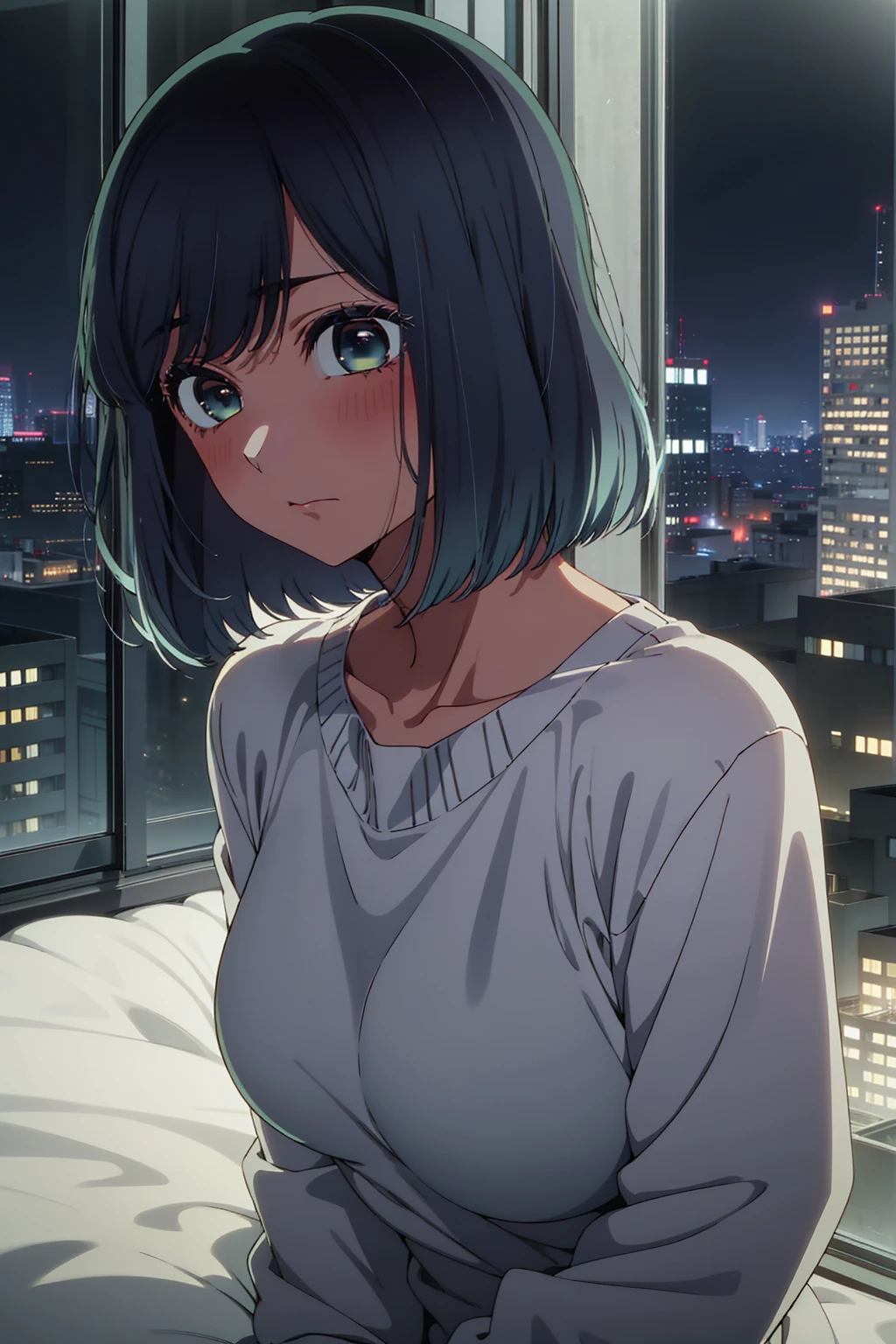 akane kurokawa,naked,rock,Blue Hair,naked,hot,sexy,beautiful,Perfect body,One Girl,big ,masterpiece,Perfect Face,Expressive Face,naked,night、Lying on a bed by the window in a high-rise building,Atmospheric lighting、Sad face