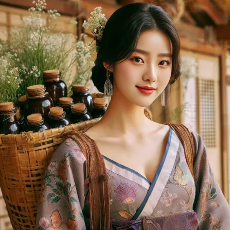 araffe woman in a kimono with a basket of flowers, palace ， a girl in hanfu, traditional beauty, hanfu, beautiful south korean w...