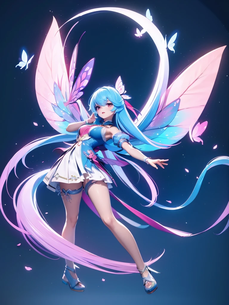 Seizo Watase style, Simple Line Initialism，Abstract art, 3d character ,(((The most beautiful girl of all time))),  (full body 1.2), only girl, long hair, bufferfly and sky background, 25 year old, full body, (((8k))), (((3d)), blue and pink hair, Large butterfly wings on the back,  moon,  Arms spread horizontally, face slightly up