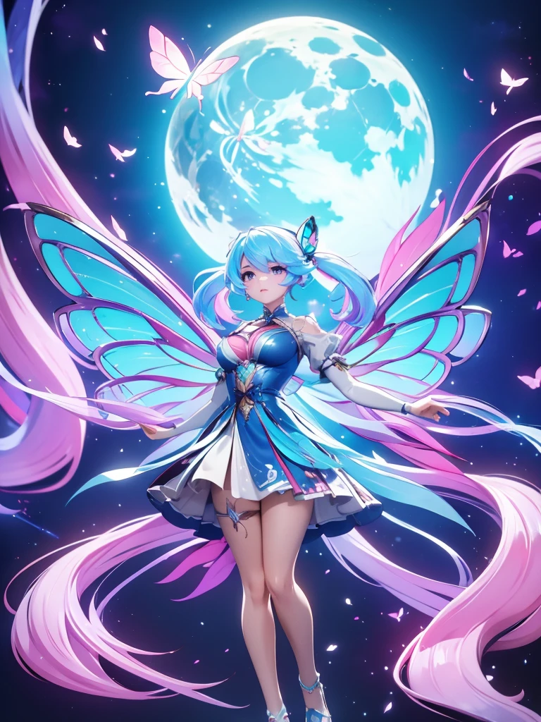 Seizo Watase style, Simple Line Initialism，Abstract art, 3d character ,(((The most beautiful girl of all time))),  (full body 1.2), only girl, long hair, bufferfly and sky background, 25 year old, full body, (((8k))), (((3d)), blue and pink hair, Large butterfly wings on the back,  moon,  Arms spread horizontally, face slightly up