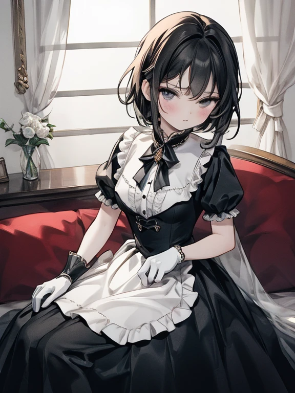 masterpiece, Highest quality, Very detailed, 16K, Ultra-high resolution, Cowboy Shot, anatomically correct, 16-year-old girl, Detailed face, black eye, Black Hair, Long Straight, victorian dress, (Crimson Dress:1.5), tiara, brooch, White gloves, Long Skirt, royal palace, The King's Room, audience