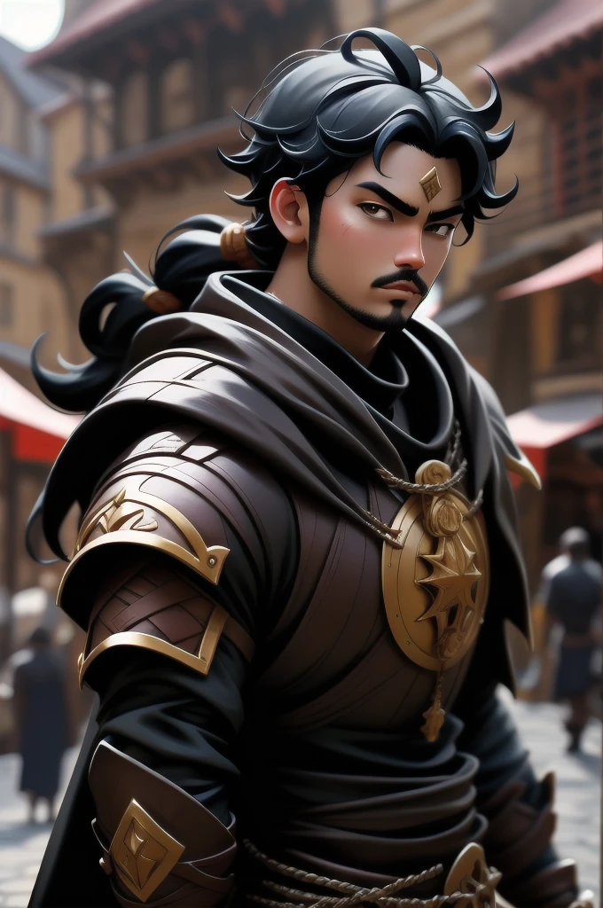 anime, detailed, depth of field, sunny, Black hair, monk male, medieval time, looking up, careful, serious look, front view, medieval city background