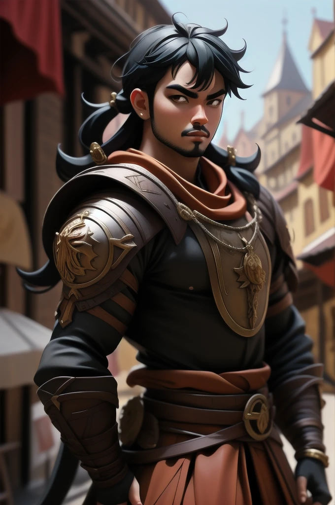 anime, detailed, depth of field, sunny, Black hair, monk male, medieval time, looking up, careful, serious look, front view, medieval city background