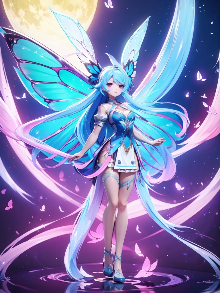 Seizo Watase style, Simple Line Initialism，Abstract art, 3d character ,(((The most beautiful girl of all time))),  (full body 1.2), only girl, long hair, bufferfly and sky background, 25 year old, full body, (((8k))), (((3d)), blue and pink hair, Large butterfly wings on the back,  moon,  Arms spread horizontally, face slightly up