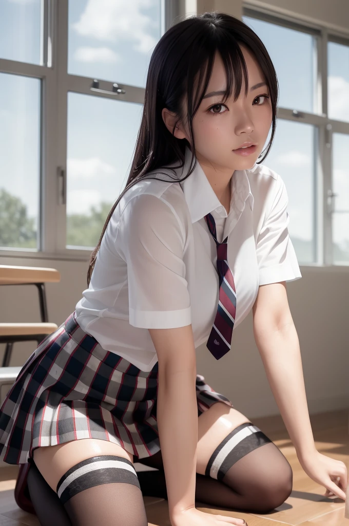 (masterpiece, best quality:1.2), a hyperrealistic , solo, 1girl, yukinoshita yukino, (shiny skin, wet skin:1.2), sweating, slight smile, looking at viewer, on all fours, , white shirt, plaid skirt, thighhighs, afternoon, classroom hyperrealistic 