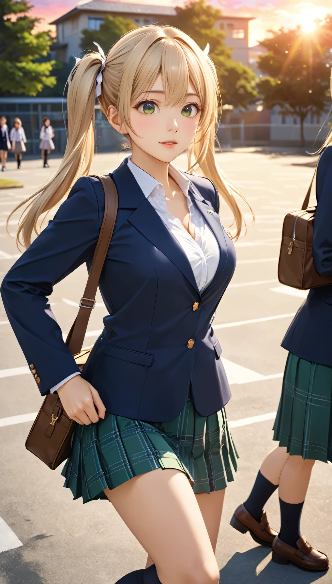 Highest quality, Highest quality, 16K, Unbelievably absurd, Very detailed, 2.5D, delicate and dynamic, School, Schoolyard, after school, sunset, Vivid sky, 小さなかすかな光と色Vivid sky気, School bag, , Very delicate facial expressions, Delicate eye depiction, Upper body close-up,, erotic, dynamic sexy poses, One sexy woman, Healthy body shape, 16-year-old female, student, Height: 170cm, firm bouncing busts, Deep cleavage, blonde long hair, twin tail, 複雑な構造のstudent服, Navy blue blazer, White shirt, Green skirt, knee high socks, Brown Loafers, Schoolyardに一人で立っている