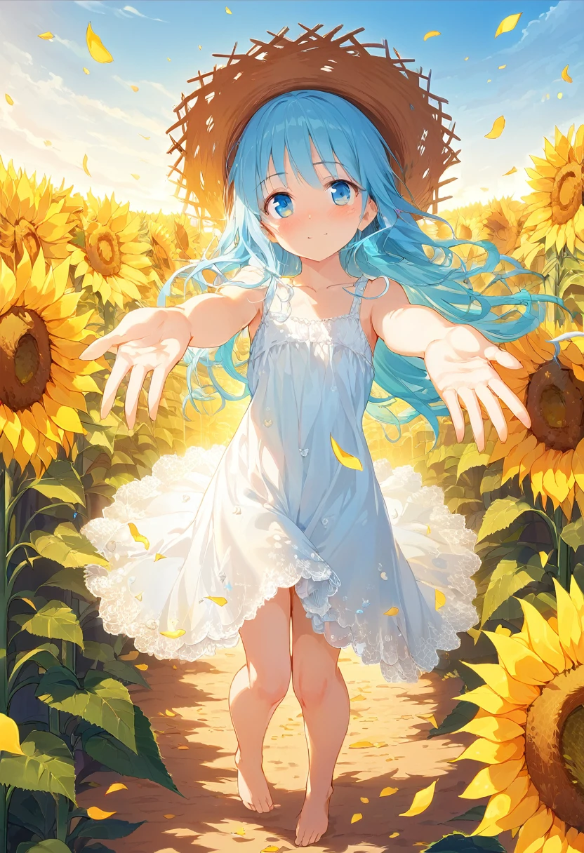  masterpiece, best quality, extremely detailed, (illustration, official art:1.1), 1 girl ,(((( light blue long hair)))), ,(((( light blue long hair)))),light blue hair, , long hair ((blush)) , cute face, big eyes, masterpiece, best quality,(((((a very delicate and beautiful girl))))),Amazing,beautiful detailed eyes,blunt bangs((((little delicate girl)))),tareme(true beautiful:1.2), sense of depth,dynamic angle,,,, affectionate smile, (true beautiful:1.2),,(tiny 1girl model:1.2),)(flat chest), (((1 girl)),1girl, (full body), early teens, A field of sunflowers spreading all over、 (straw hat white one piece dress, background is sunflower field),floating dress, in the sun, A faint smile,Looking at the audience, wind, Dynamic, Strong light and shadow,Dynamic pose,,((( got his hands outstretched, )))Petals are dancing in the wind,sunflower_background,(((Illustration))), ,Opaque clothing