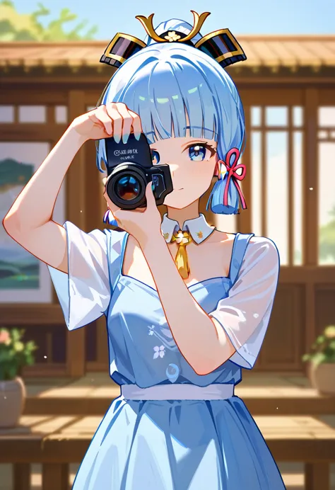 score_9_up score_8_up score_7_up, 1girl, holding camera, kamisato ayaka, blue dress, head tilt