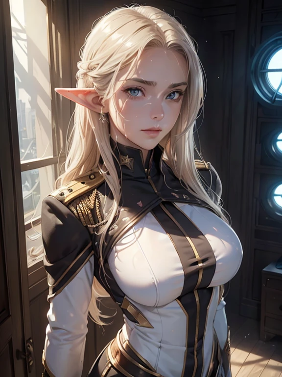 masterpiece, Highest quality, Highly detailed CG Unity 8k wallpaper,((whole body)), ((Bedroom in the spaceship)), (Long pointy ears), (Elegant long wavy platinum blonde hair), (toned and slender body), ((Average Chest Circumference, Self-illuminating skin)), (((A revealing white-on-black military uniform))), (Geometric Circlet), (Sweaty, wet white skin), (blush), (Captivating smile), (so beautiful, Symmetrical face), Fine grain, Key Art, Awards, intricate detail realism hdr, Photorealism, Hyperrealism, Ultra-realistic, Dramatic Light, Strong Shadows, Nice views, Written boundary depth