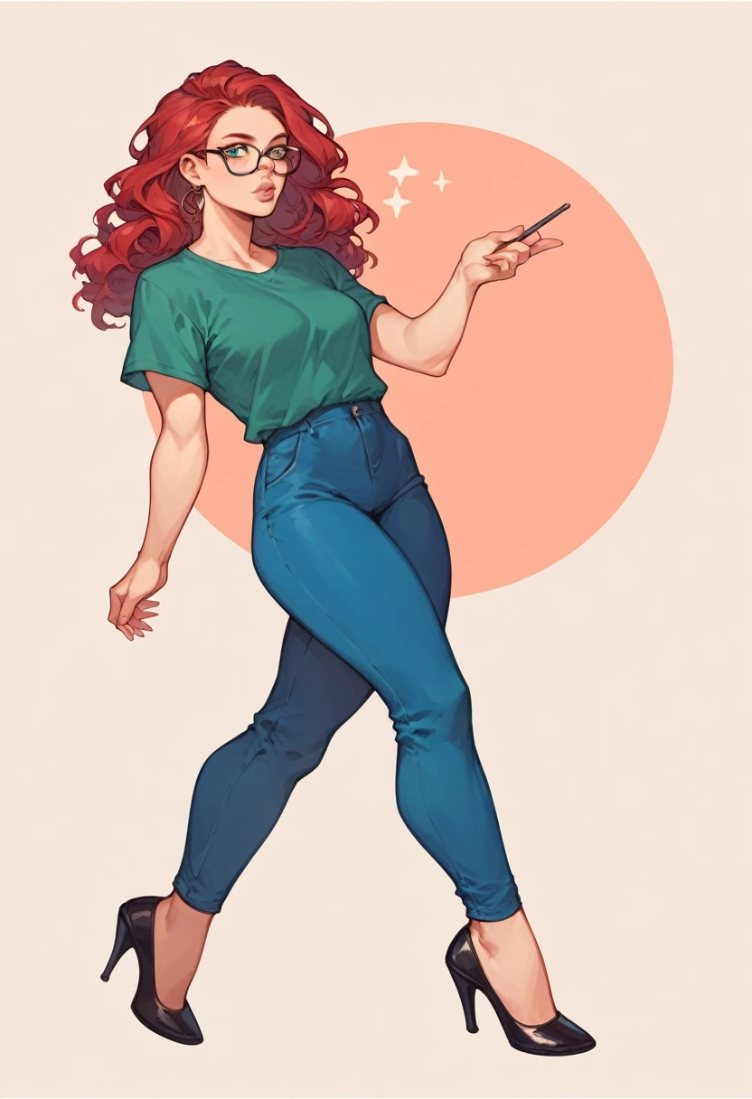 score_9, score_8_up, score_7_up, score_6_up, art of a woman, pale, smooth skin, blue eyes, long straight red hair, full lips, slender physique, green t-shirt, glasses, blue pants, black heels
