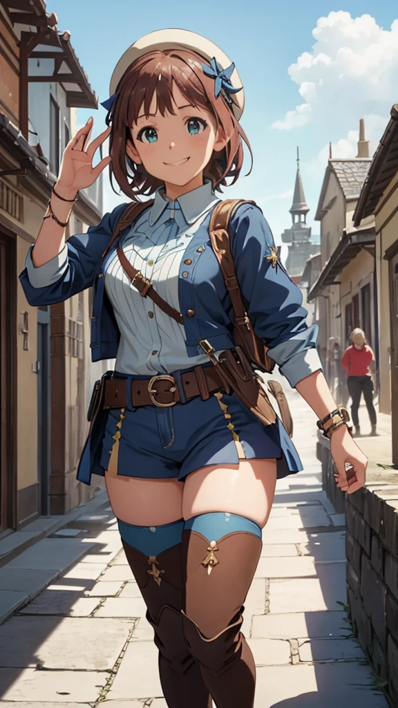 CG, unity, 8k, wallpaper, highest quality, masterpiece, 1 girl, haruka amami, cowboy shot, standing, looking at viewer, outdoors, waving, smile, close mouth,thigh high boots,black boots, sexy, best lighting, complex pupils, complex textile, realistic skin texture, detailed background, (Traditional stone town in Europe), (blue sky: 1.5)