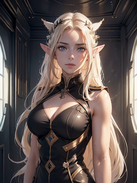 masterpiece, Highest quality, Highly detailed CG Unity 8k wallpaper,((whole body)), ((Bedroom in the spaceship)), (Long pointy ears), (Elegant long wavy platinum blonde hair), (toned and slender body), ((Average Chest Circumference, Self-illuminating skin)), (((A revealing white-on-black military uniform))), (Geometric Circlet), (Sweaty, wet white skin), (blush), (Captivating smile), (so beautiful, Symmetrical face), Fine grain, Key Art, Awards, intricate detail realism hdr, Photorealism, Hyperrealism, Ultra-realistic, Dramatic Light, Strong Shadows, Nice views, Written boundary depth