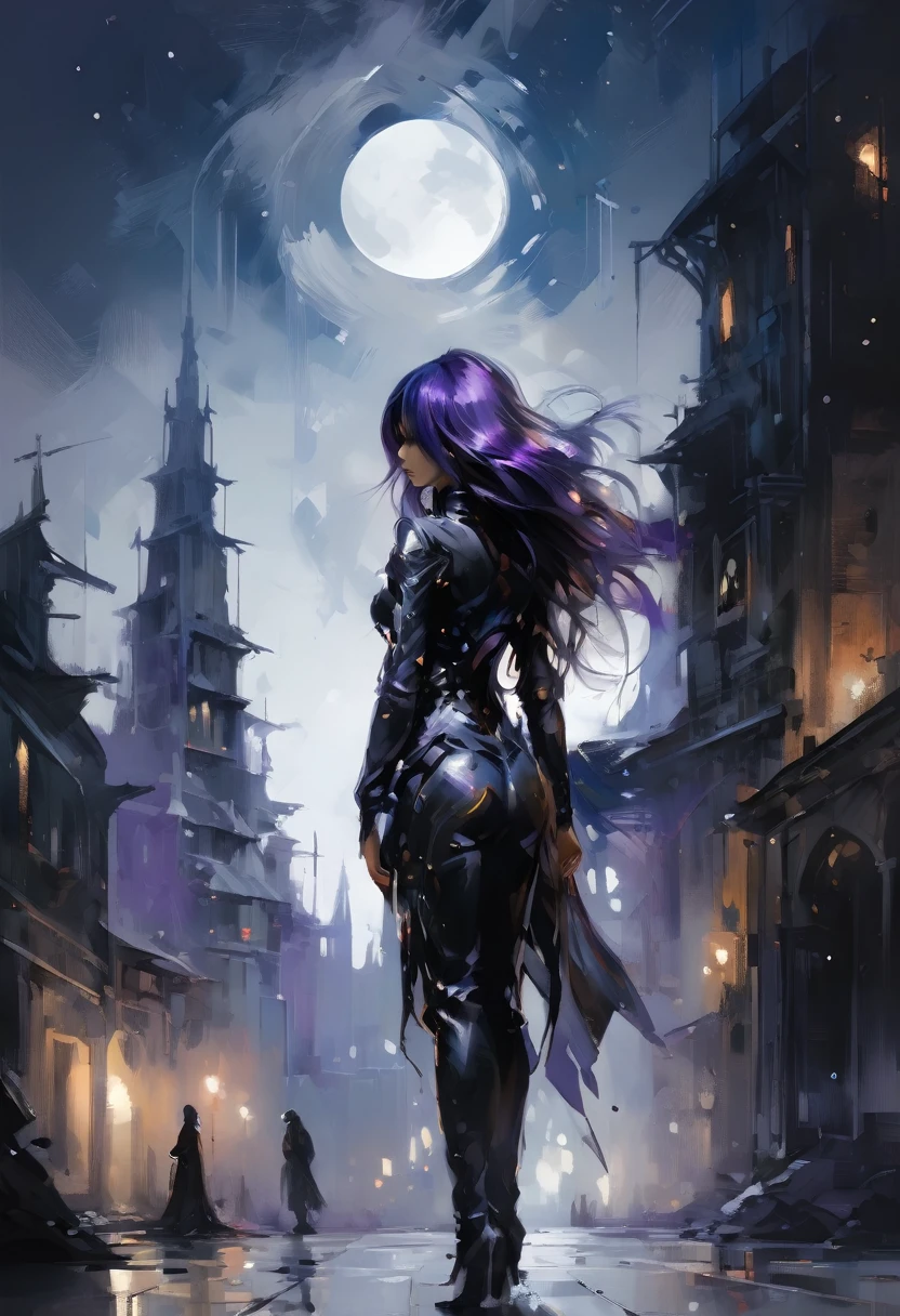  1 девочка, невероятно красивая, Purple hair flutters in the ветер, очень сексуально (стремится к совершенству). 
 зеркальный костюм, крепко обнимая ее тело (приближаемся к совершенству). Стоя спиной на краю крыши,. ночь, небо полное звезд и огромный силуэт луны. захватывающий вид, ветер, ветер-effect, lunar ночь view, (отличный вид:1.1). высокое качество, 16К,Идеальная централизация, Фантастическая черная золотая рыбка, счастье, положение стоя, абстрактная красота, центрированный, смотрю в камеру, FaceDynamic, Очень подробно, семена, острый фокус, 8 тыс., Высокое разрешение, Иллюстрация, художники Карн Гриффитс и Вадим Кашин
