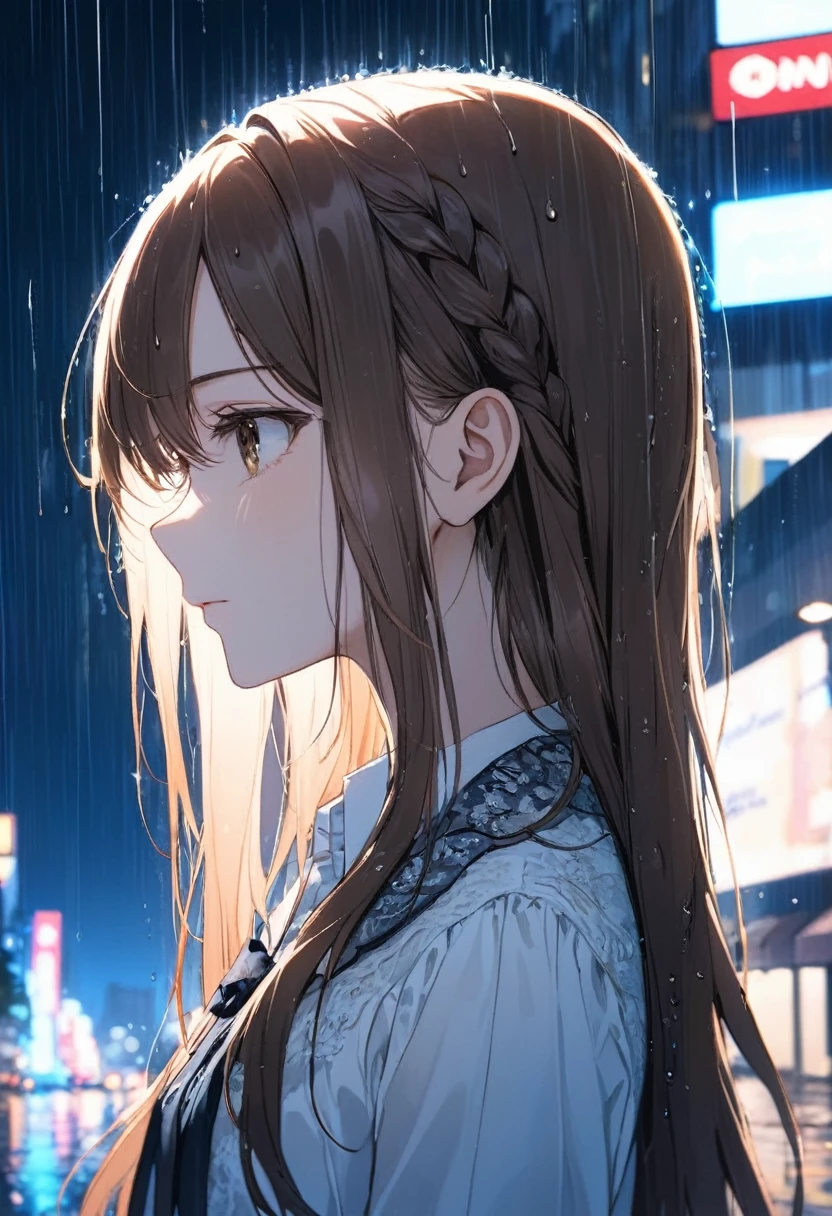 One Girl, profile, Look to the side,  Written boundary depth, Long Hair, French Braid, Straight hair, Portraiture, Modern city, blouse, Brown Hair, look up, rain, raindrop, Lens flare, rainの夜空、eyeliner, eye shadow, masterpiece, Highest quality、Dark Background