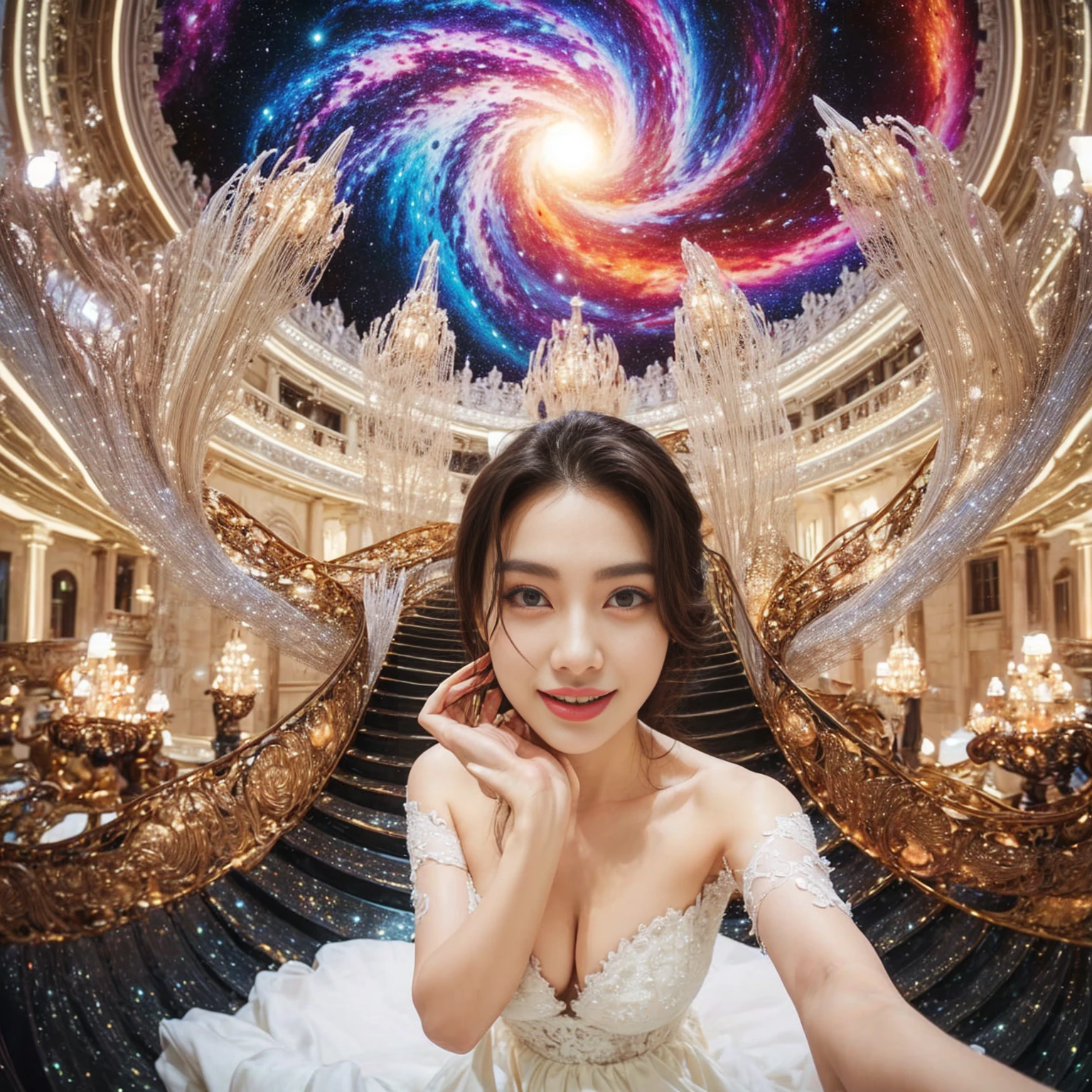 image arafed d&#39;une femme dans une robe de mariée posant pour une photo, à l&#39;intérieur de son château vr surréaliste, déesse des galaxies, Photographie selfie 8k, strange portrait with galaxie, art fantastique grand angle, portrait dynamique grand angle, fantaisie magnifique, galaxie, Shaxi, cieux en spirale, album d&#39;art, palais flottant au paradis, grandiose!, Art numérique 4K très détaillé