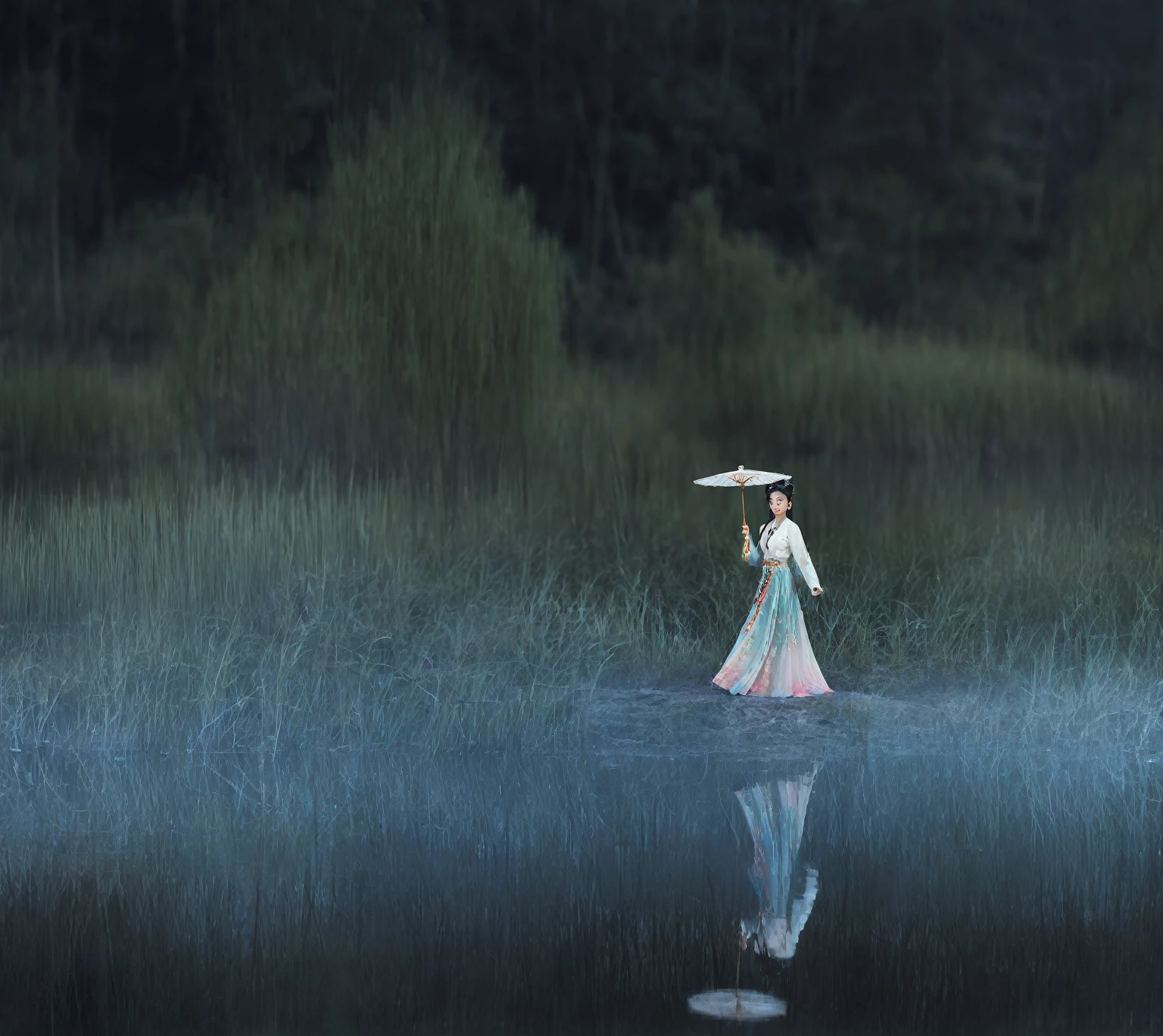 Beaux yeux détaillés, belles lèvres détaillées, yeux et visage extrêmement détaillés, long cils, Costume traditionnel chinois, reflet dans l&#39;eau, fond de forêt, Tenir un parapluie blanc, expression sereine, Pose gracieuse, éclairage naturel, couleurs vives, Tissu doux et fluide, broderie complexe, maquillage délicat, ambiance éthérée, tranquille