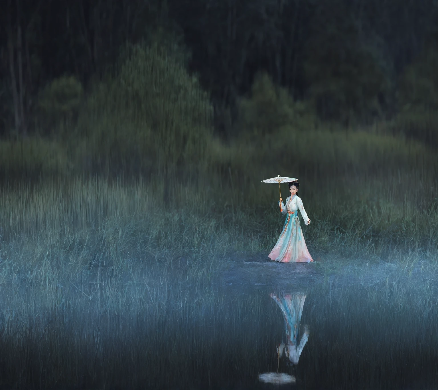 Schöne, detaillierte Augen, schöne detaillierte Lippen, extrem detaillierte Augen und Gesicht, lange Wimpern, Traditionelle chinesische Tracht, Spiegelung im Wasser, Wald-Hintergrund, einen weißen Regenschirm halten, heiterer Ausdruck, anmutige Pose, natürliche Beleuchtung, leuchtende Farben, weich fließender Stoff, aufwendige Stickerei, zartes Make-up, ätherische Atmosphäre, still