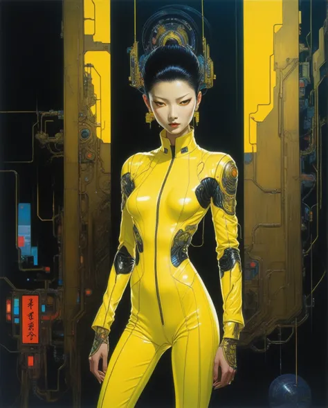 amano yoshitaka, in a neon-lit cyberpunk space setting, a figure emerges clad in a sleek yellow jumpsuit, designed with a distin...