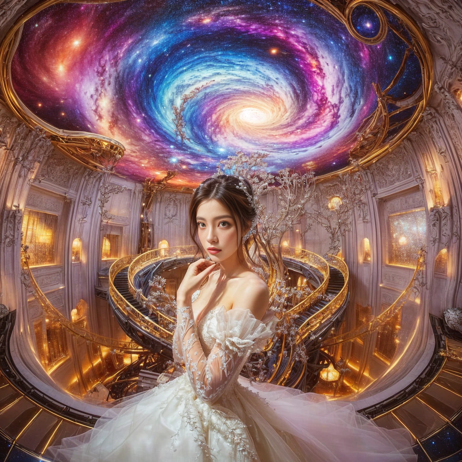 a woman in a wedding dress standing in a room with a spiral ceiling, goddess of galaxies, ethereal fantasy, wide angle fantasy art, 4k highly detailed digital art, ethereal beauty, fantasy space, fantasy beautiful, fantasy photography, digital art fantasy, inside her surreal vr castle, of ethereal fantasy, strange portrait with galaxy, goddess of space and time, 8k selfie photograph