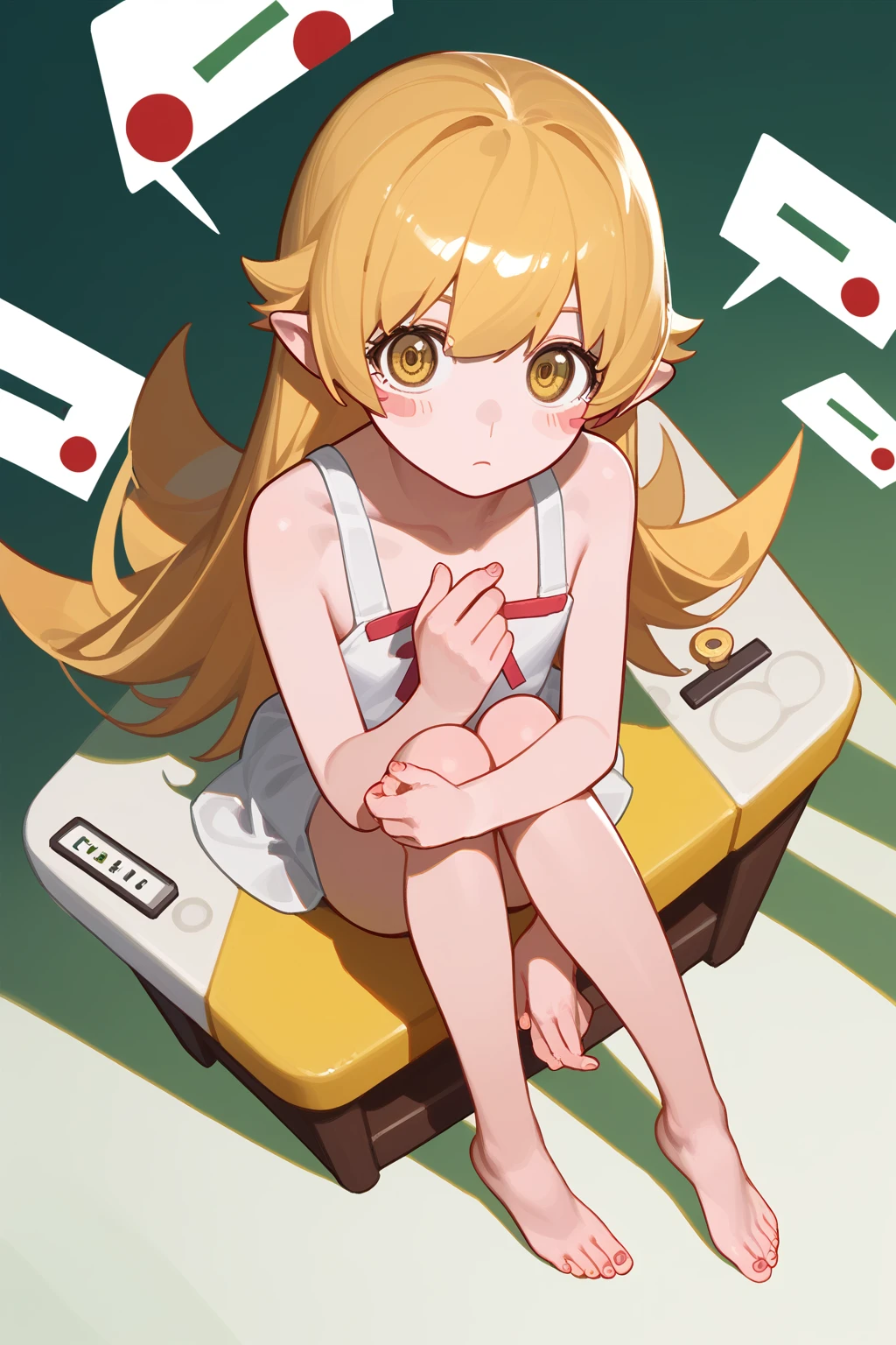 (punctuation_9,punctuation_8_High above,punctuation_7_High above,),oshino shinobu,long hair,standing alone,hair blonde,yellow  eyes,pointy ears,don,white don,blush stickers,bared shoulders,Bare feet,focus on feet,sitting down,