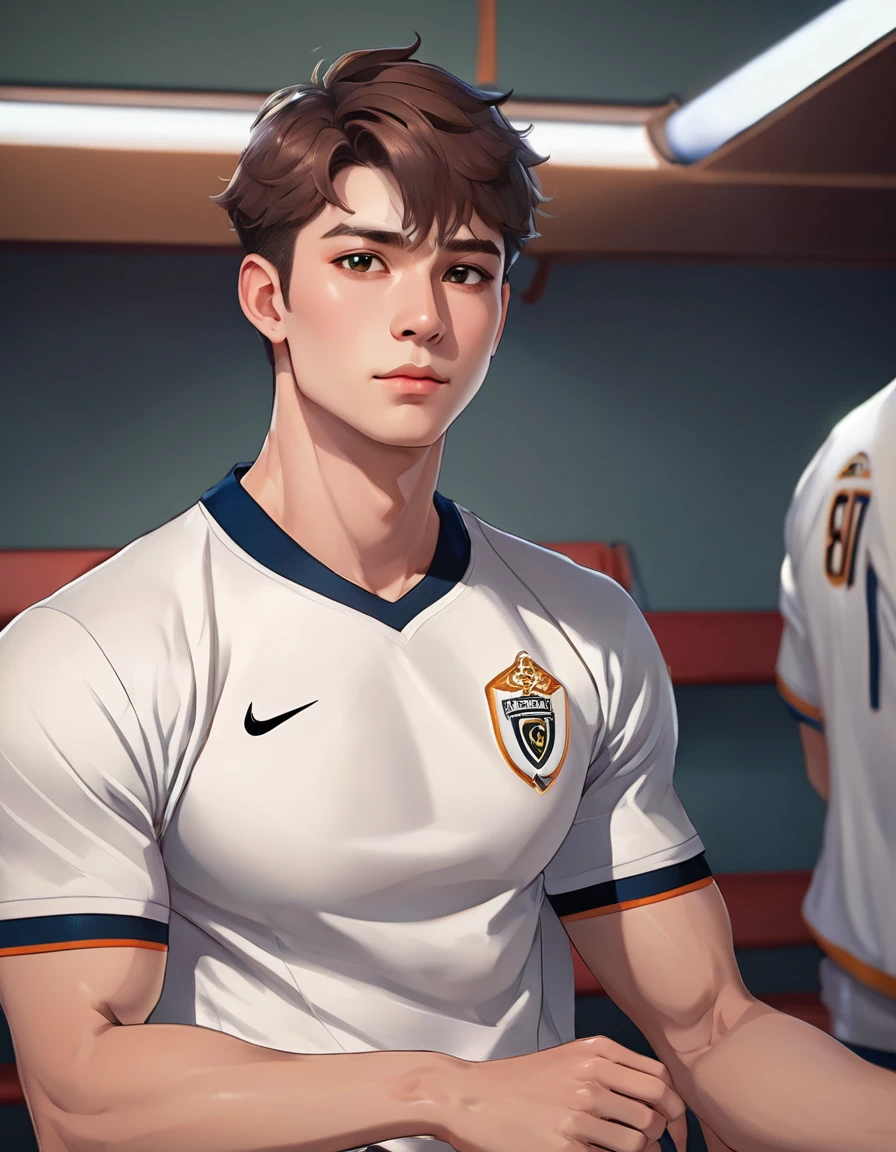 Photorealistic image of a young and cute boy, Body hair, soccer, Detailed skin, Huge bulge, (Dynamic posture:1.3), (Action Shots), (Scattered clothing),(locker room), (Wearing tight fitting white underwear),(Side view),(whole body:1.2),(sports boots:1.2), (Take off),(Leaning on the bench),  Natural Face, (A tense look:1.5), Soft and warm lighting, Vibrant, masterpiece, Highest quality, Perfect Anatomy, Calm colors, dramatic, Cinematic, Soft Light, (Calm colors, Dim color, Calm tone), Soft Light, sharp, Realistic skin detail, High Contrast, (Freckles on the face), (Close-up shot of face, Fine grain)