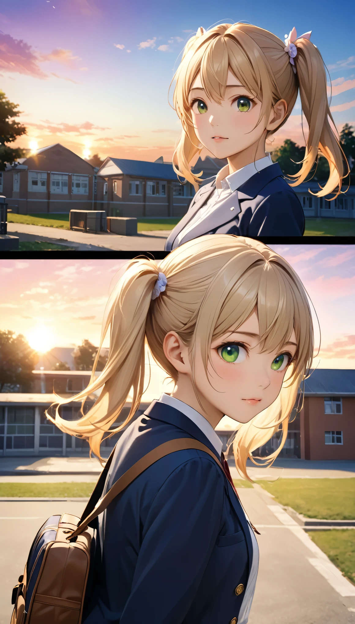 Highest quality, Highest quality, 16K, Unbelievably absurd, Very detailed, 2.5D, delicate and dynamic, School, Schoolyard, after school, sunset, Vivid sky, 小さなかすかな光と色Vivid sky気, School bag, Small face, Very delicate facial expressions, Delicate eye depiction, Upper body close-up,, erotic, dynamic sexy poses, One sexy woman, Healthy body shape, 16-year-old female, student, Height: 170cm, big firm bouncing busts, , blonde long hair, twin tail, Landscape, Looking back towards the camera, Looking up, Navy blue blazer, White shirt, Green skirt, knee high socks, Brown Loafers, Schoolyardに一人で立っている