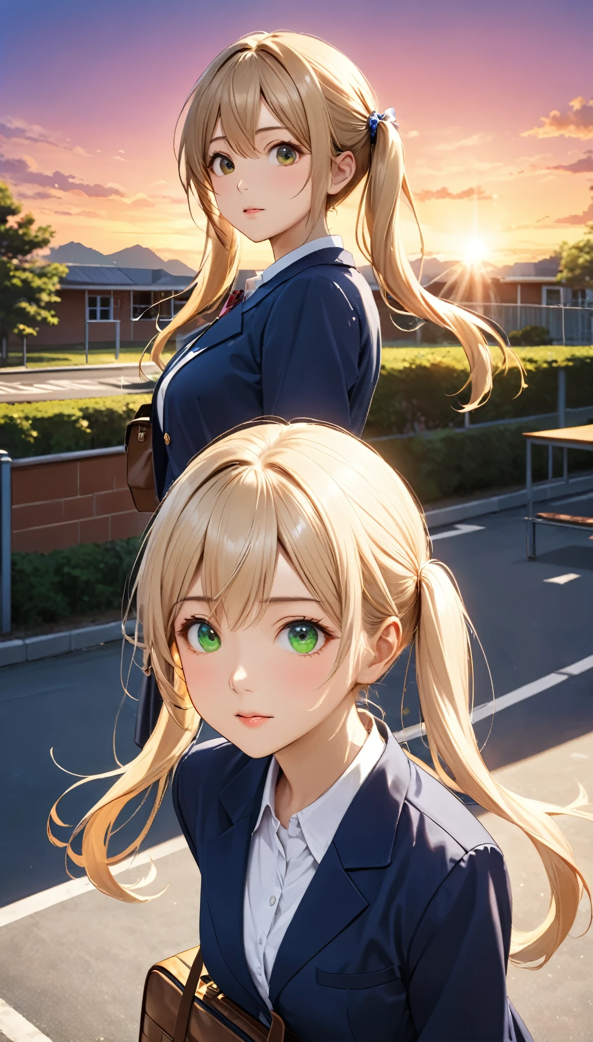 Highest quality, Highest quality, 16K, Unbelievably absurd, Very detailed, 2.5D, delicate and dynamic, School, Schoolyard, after school, sunset, Vivid sky, 小さなかすかな光と色Vivid sky気, School bag, Small face, Very delicate facial expressions, Delicate eye depiction, Upper body close-up,, erotic, dynamic sexy poses, One sexy woman, Healthy body shape, 16-year-old female, student, Height: 170cm, big firm bouncing busts, , blonde long hair, twin tail, Landscape, Looking back towards the camera, Looking up, Navy blue blazer, White shirt, Green skirt, knee high socks, Brown Loafers, Schoolyardに一人で立っている